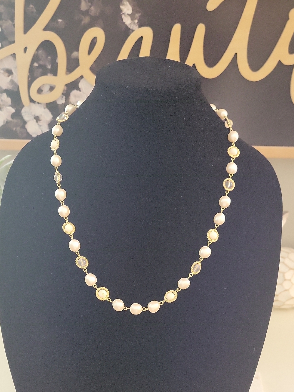 Elegant Faux Pearl and Gold Bead Necklace - Classic Off White